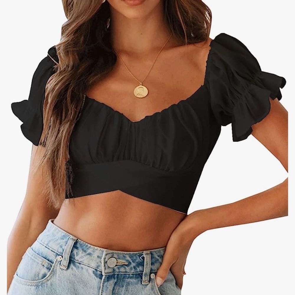 Black off shoulder tie back crop top